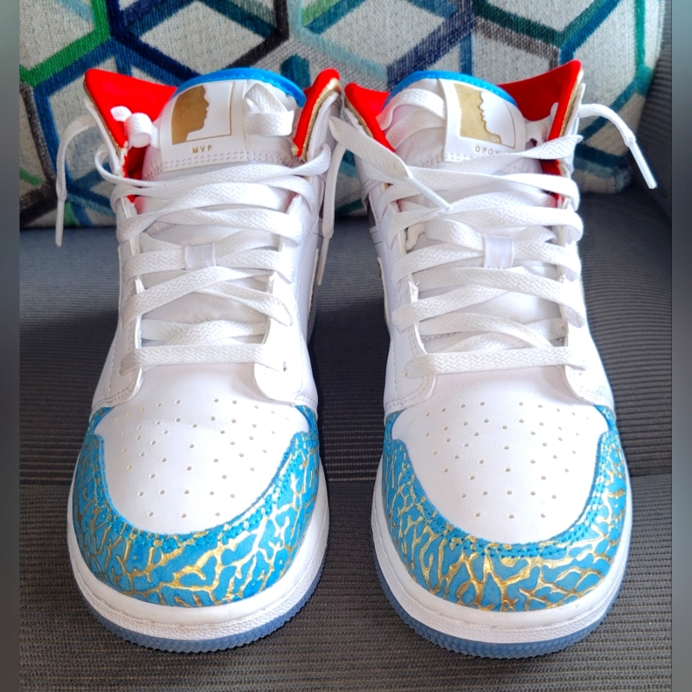 Kids Gold, White and Blue Nike Sneakers